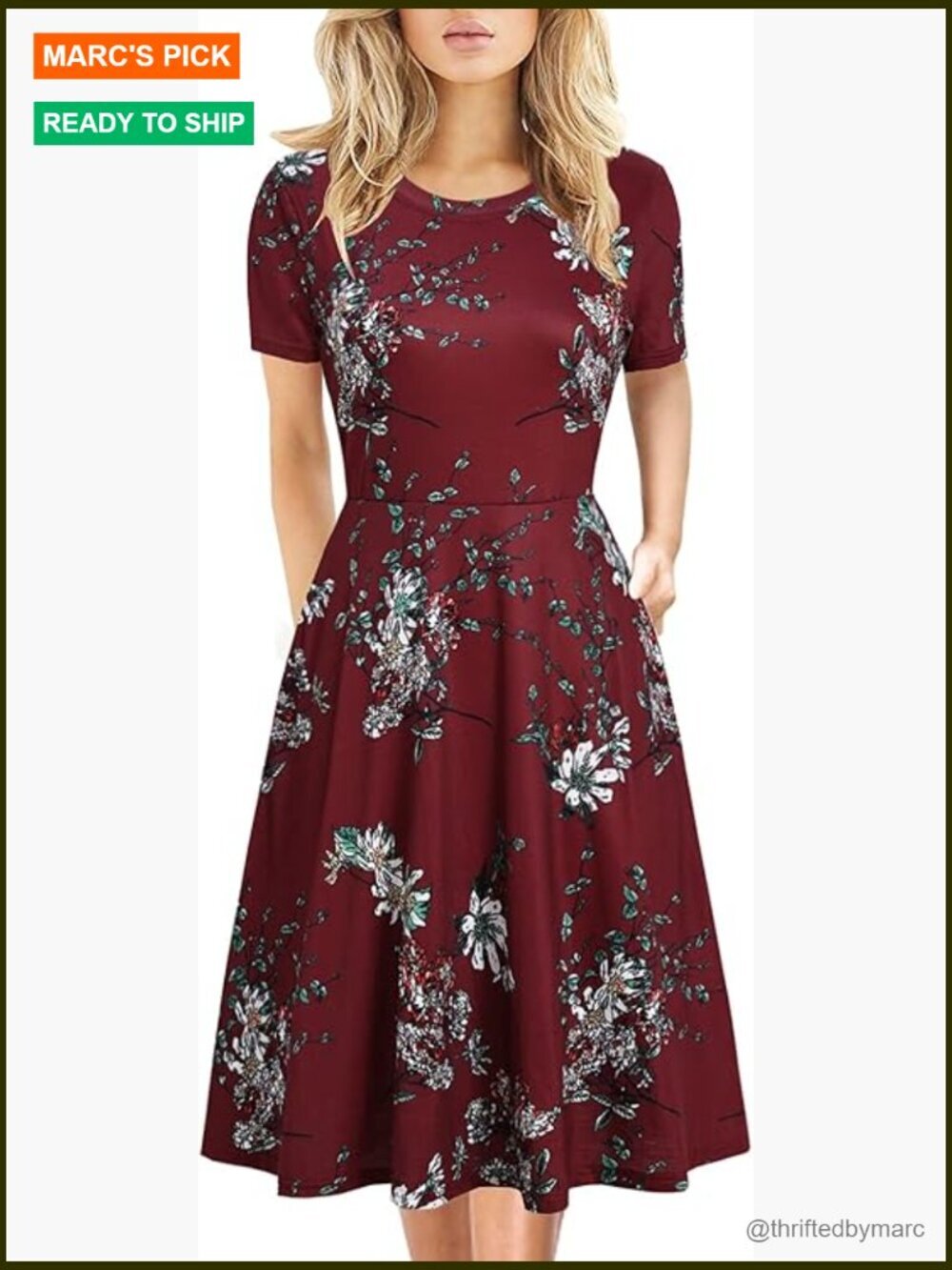 Vintage Floral A-Line Swing Dress with Pockets Knee Length